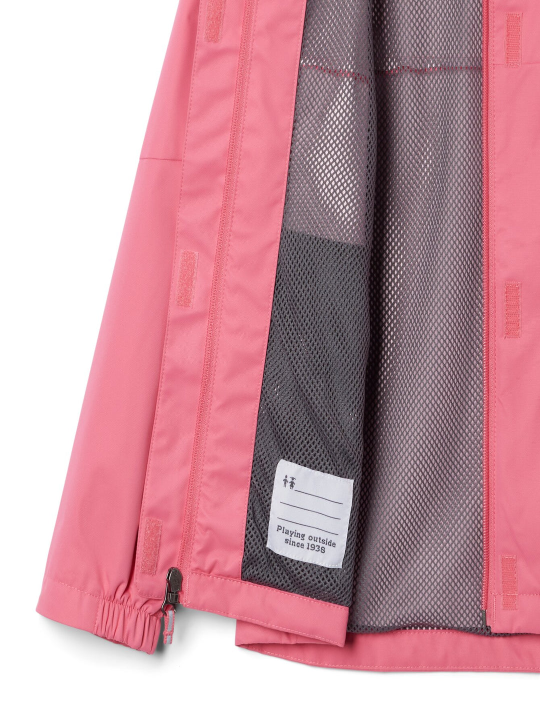 Chaqueta deportiva Columbia color rosa Camellia Rose con capucha y forro interior gris.