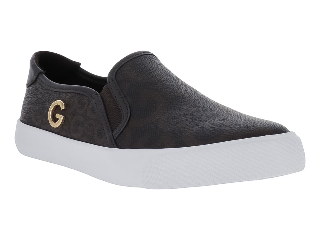 Zapato estilo slip-on color chocolate con estampado, suela blanca y detalle dorado en el lateral.