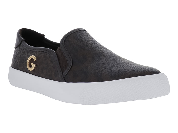 Zapato estilo slip-on color chocolate con estampado, suela blanca y detalle dorado en el lateral.