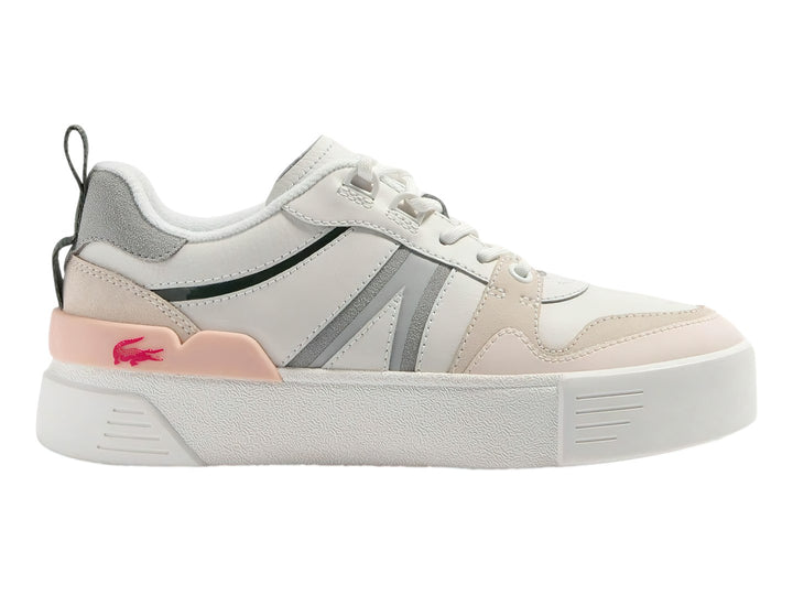 Tenis Lacoste blancos con detalles en rosa claro y gris, suela de plataforma blanca.