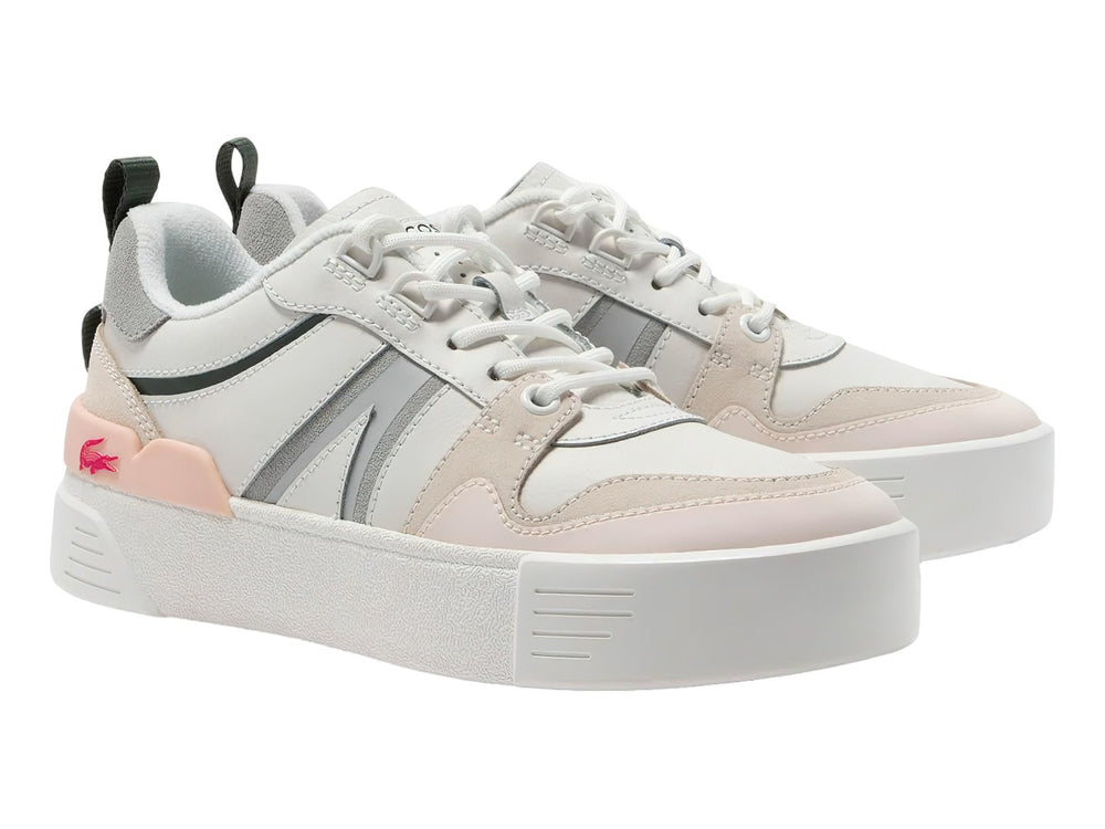 Tenis Lacoste blancos con detalles en rosa claro y gris, suela de plataforma blanca.