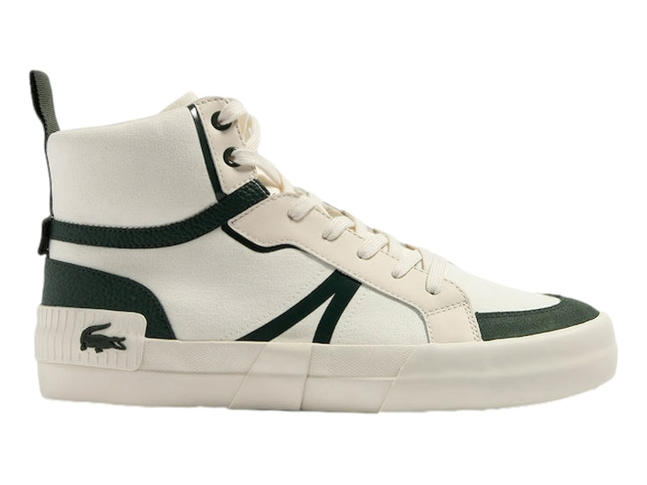 Tenis Lacoste de corte medio en color blanco con detalles en verde y suela blanca ancha.