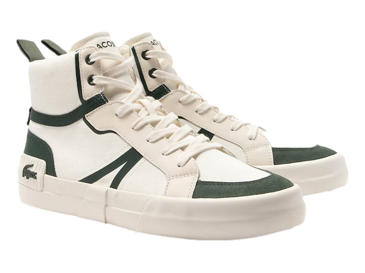 Tenis Lacoste de corte medio en color blanco con detalles en verde y suela blanca ancha.