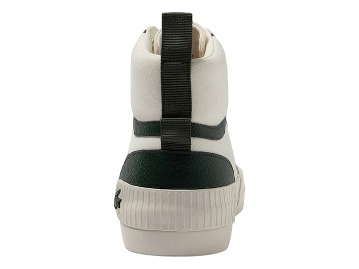 Tenis Lacoste de corte medio en color blanco con detalles en verde y suela blanca ancha.