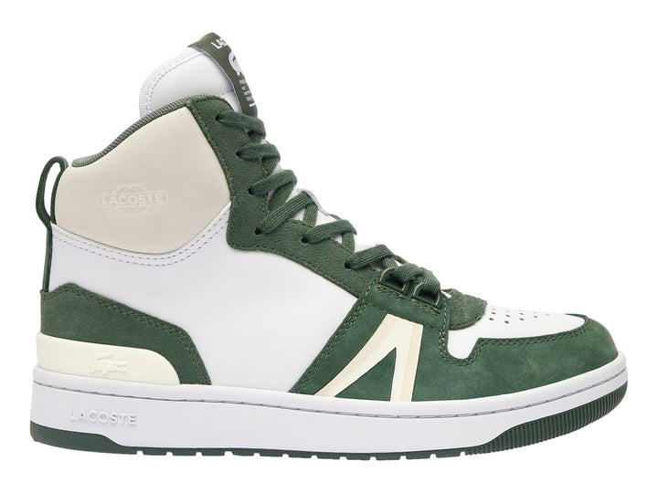 Tenis Lacoste de corte medio en colores blanco y verde con detalles en crema.