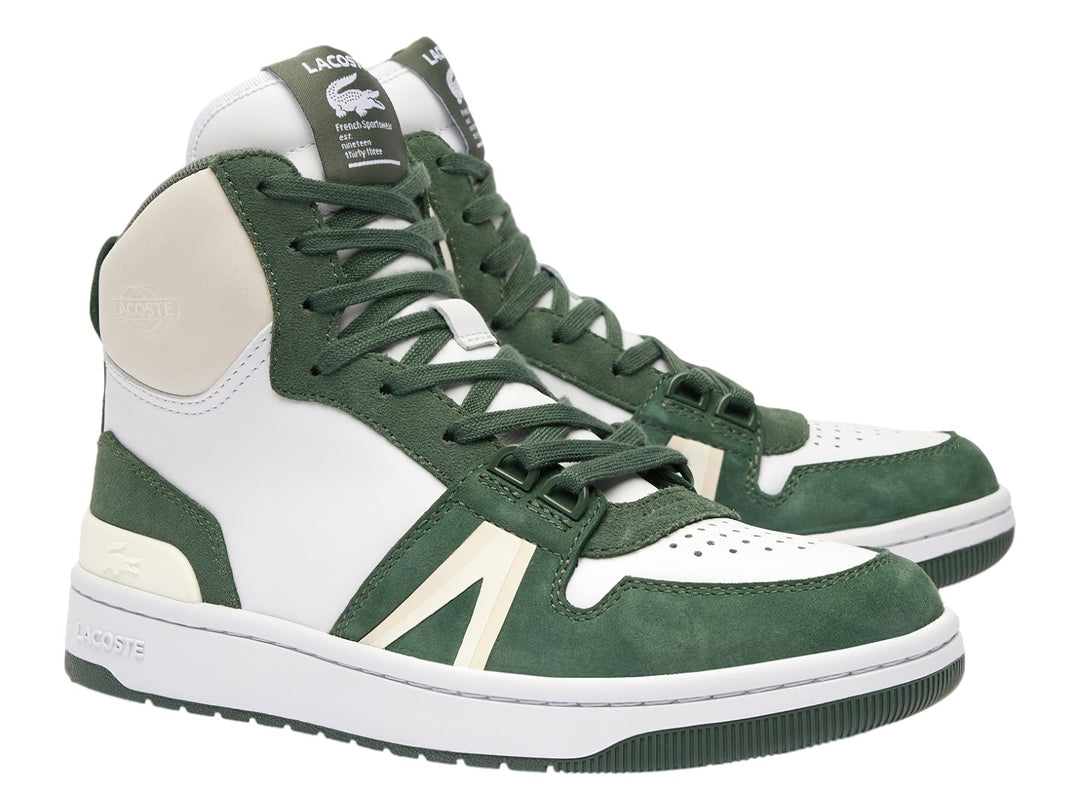 Tenis Lacoste de corte medio en colores blanco y verde con detalles en crema.