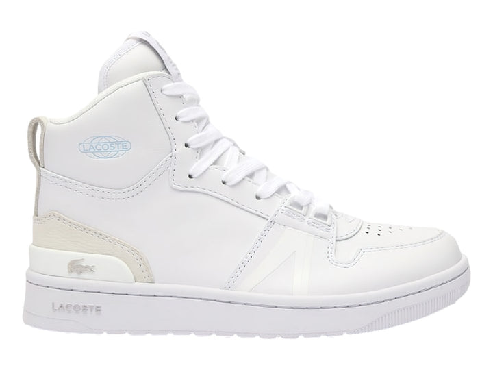 Tenis Lacoste mid-top color blanco con detalles en beige y suela blanca.