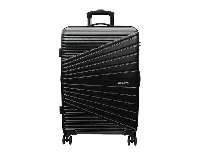 Maleta de equipaje rígida Samsonite color negro con diseño de líneas diagonales y ruedas spinner.