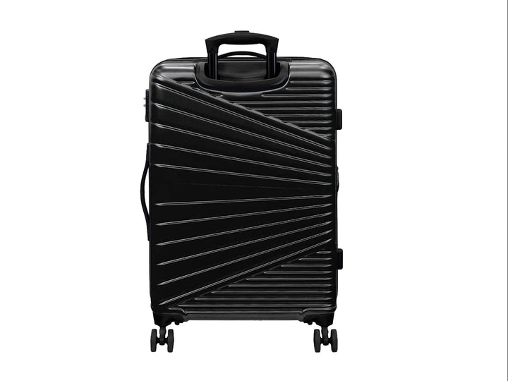 Maleta de equipaje rígida Samsonite color negro con diseño de líneas diagonales y ruedas spinner.
