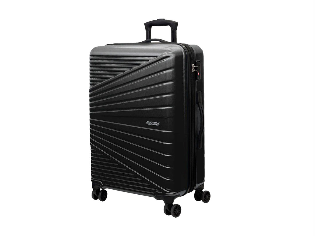 Maleta de equipaje rígida Samsonite color negro con diseño de líneas diagonales y ruedas spinner.