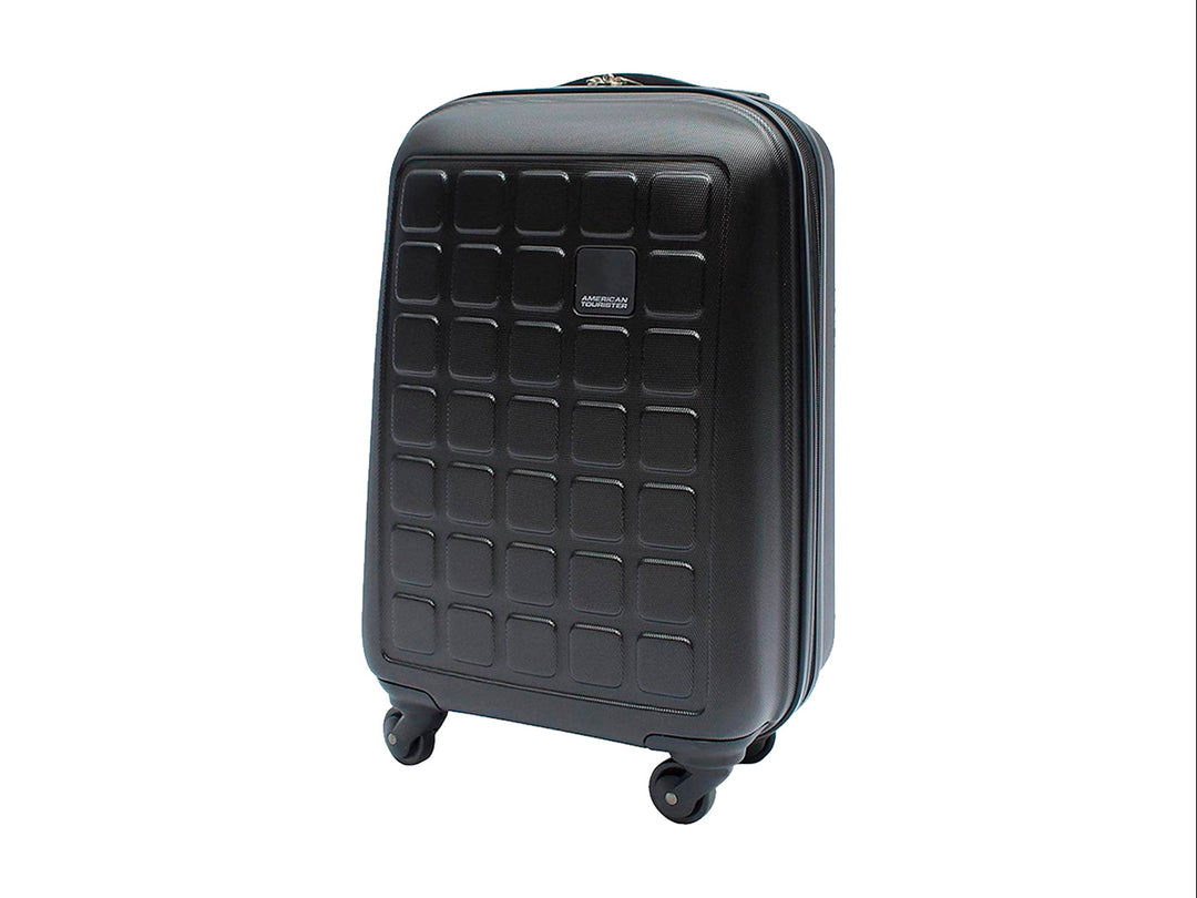 Maleta de equipaje rígida Samsonite color negro con diseño de cuadrícula y ruedas spinner.