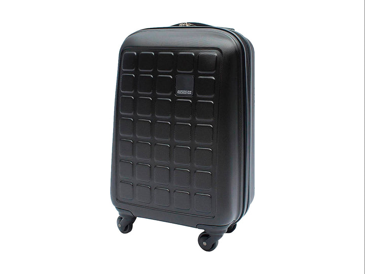 Maleta de equipaje rígida Samsonite color negro con diseño de cuadrícula y ruedas spinner.