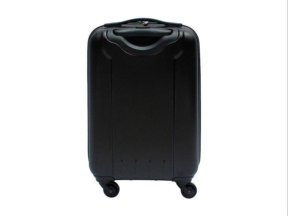 Maleta de equipaje rígida Samsonite color negro con diseño de cuadrícula y ruedas spinner.
