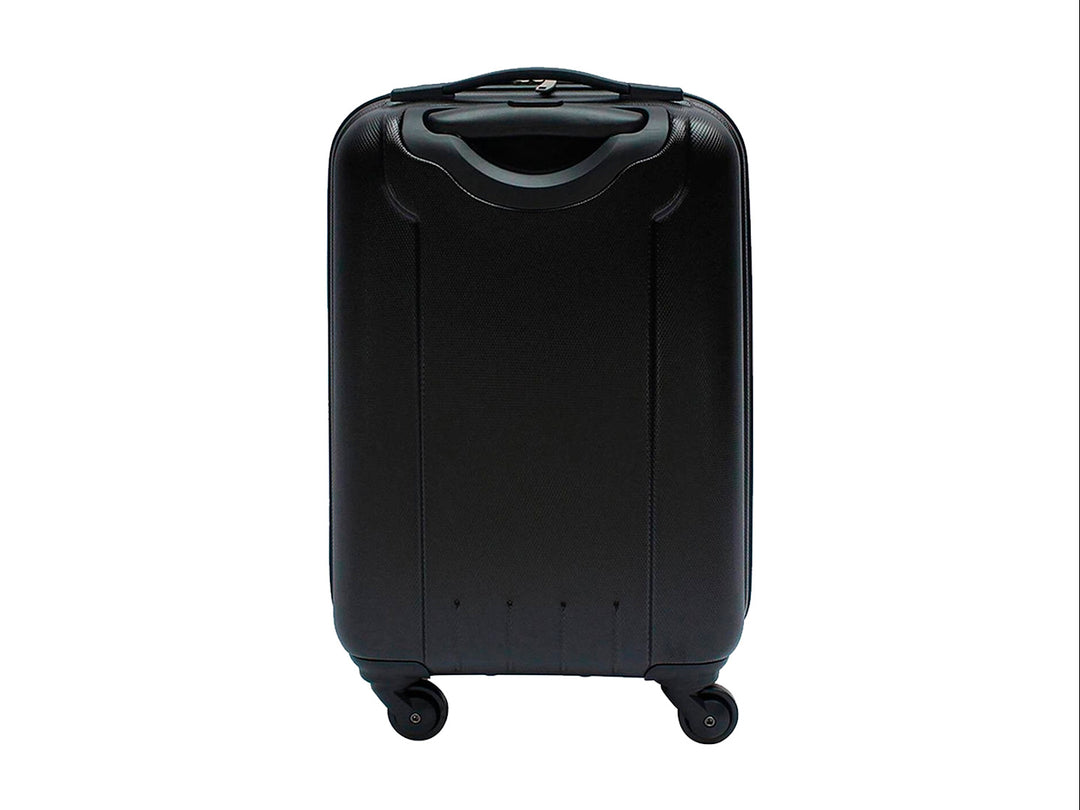 Maleta de equipaje rígida Samsonite color negro con diseño de cuadrícula y ruedas spinner.