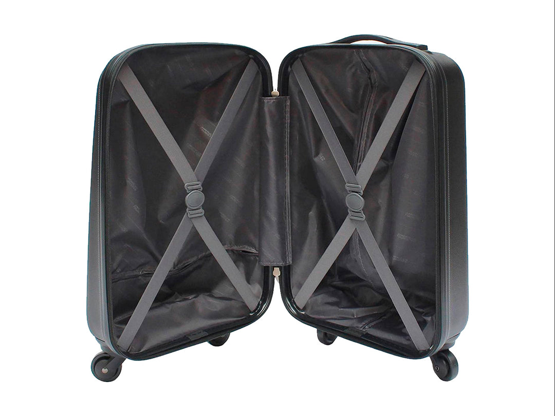 Maleta de equipaje rígida Samsonite color negro con diseño de cuadrícula y ruedas spinner.