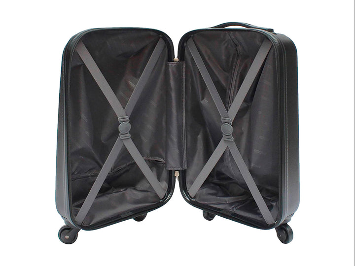 Maleta de equipaje rígida Samsonite color negro con diseño de cuadrícula y ruedas spinner.