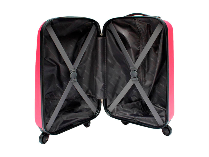 Maleta de equipaje rígida Samsonite color rosa claro con ruedas spinner y diseño de relieve cuadrado.