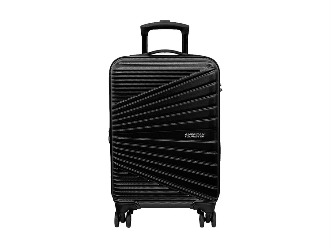 Maleta de equipaje rígida Samsonite color negro con diseño de líneas diagonales y ruedas spinner.