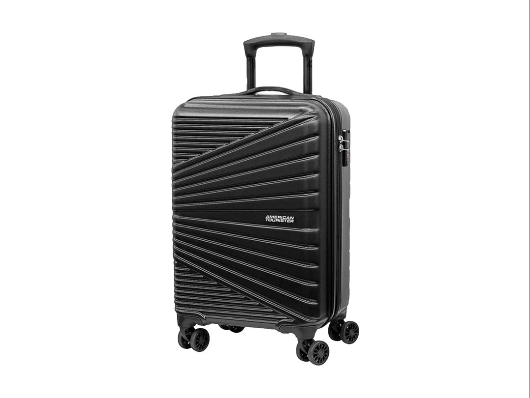 Maleta de equipaje rígida Samsonite color negro con diseño de líneas diagonales y ruedas spinner.