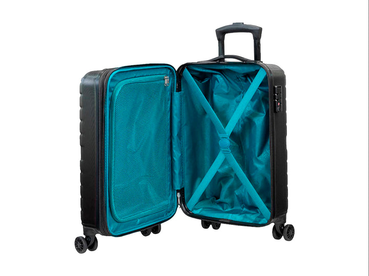 Maleta de equipaje rígida Samsonite color negro con diseño de líneas diagonales y ruedas spinner.