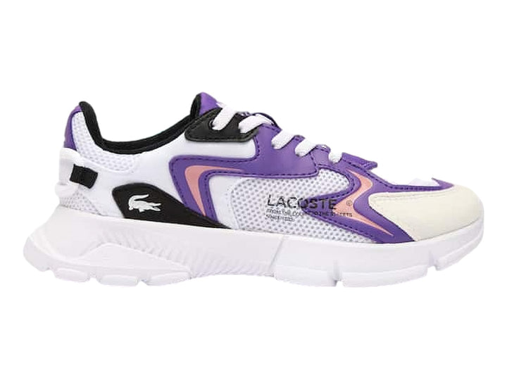 Tenis deportivos Lacoste para niño en color blanco con detalles en morado, negro y rosa.