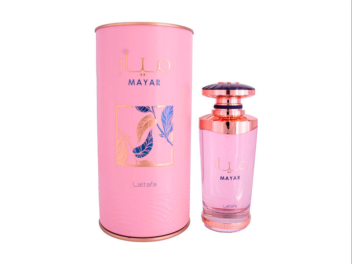 Perfume Lattafa Mayar para mujer en frasco de vidrio rosa con tapa dorada y su empaque cilíndrico a juego.