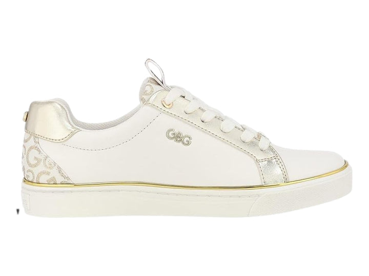 Tenis blancos para niña con detalles y estampado en color dorado, suela blanca y cordones.
