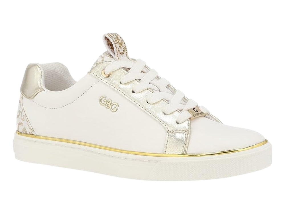 Tenis blancos para niña con detalles y estampado en color dorado, suela blanca y cordones.