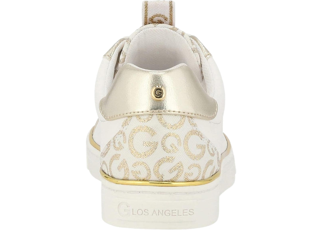 Tenis blancos para niña con detalles y estampado en color dorado, suela blanca y cordones.