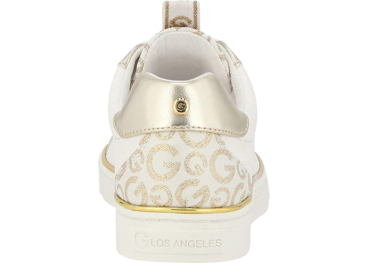 Tenis blancos para niña con detalles y estampado en color dorado, suela blanca y cordones.