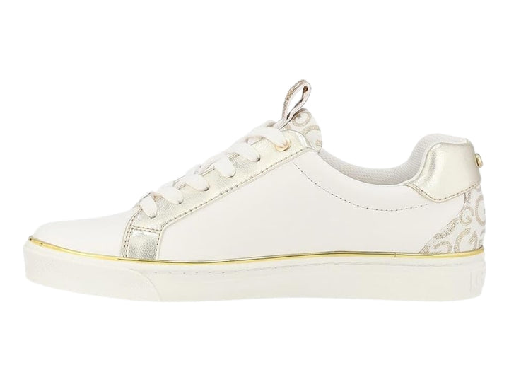 Tenis blancos para niña con detalles y estampado en color dorado, suela blanca y cordones.