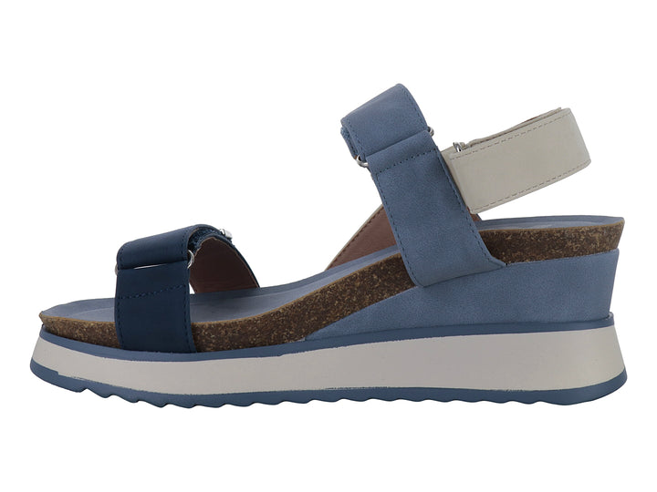 Sandalia de plataforma XTI en color azul y gris con correas ajustables y hebillas metálicas para mujer.