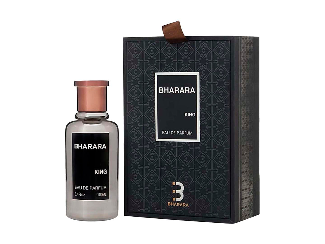Frasco de perfume Bharara King con su caja negra decorada y tapa color bronce.