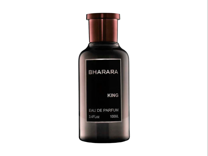 Frasco de perfume Bharara King con su caja negra decorada y tapa color bronce.