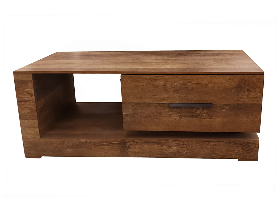 Mesa de centro rectangular en color madera encino con un cajón y un espacio de almacenamiento abierto.