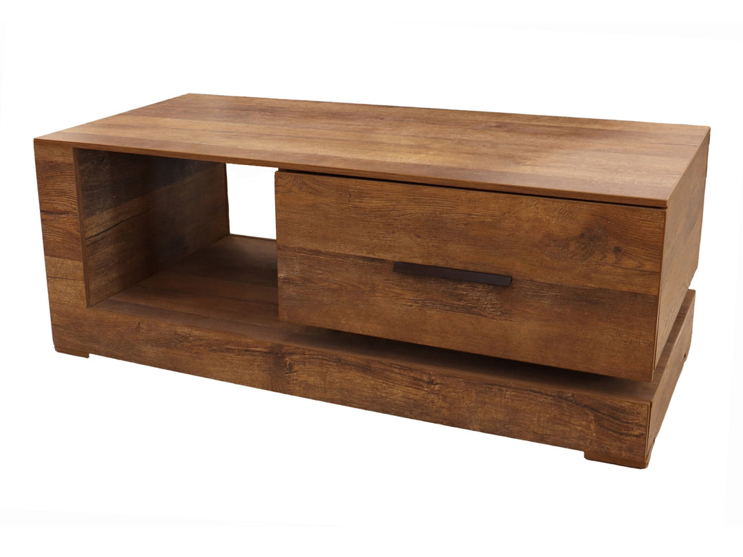 Mesa de centro rectangular en color madera encino con un cajón y un espacio de almacenamiento abierto.