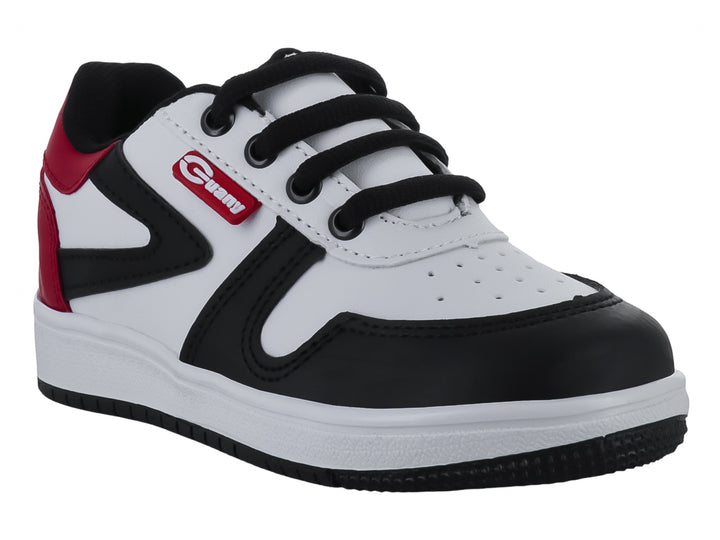 Tenis infantiles Guany en colores blanco, negro y rojo con agujetas negras y suela blanca.