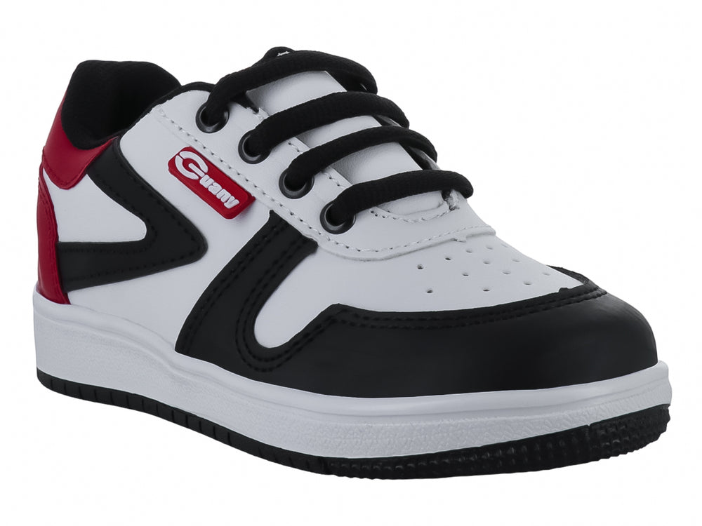 Tenis infantiles Guany en colores blanco, negro y rojo con suela blanca y cordones negros.