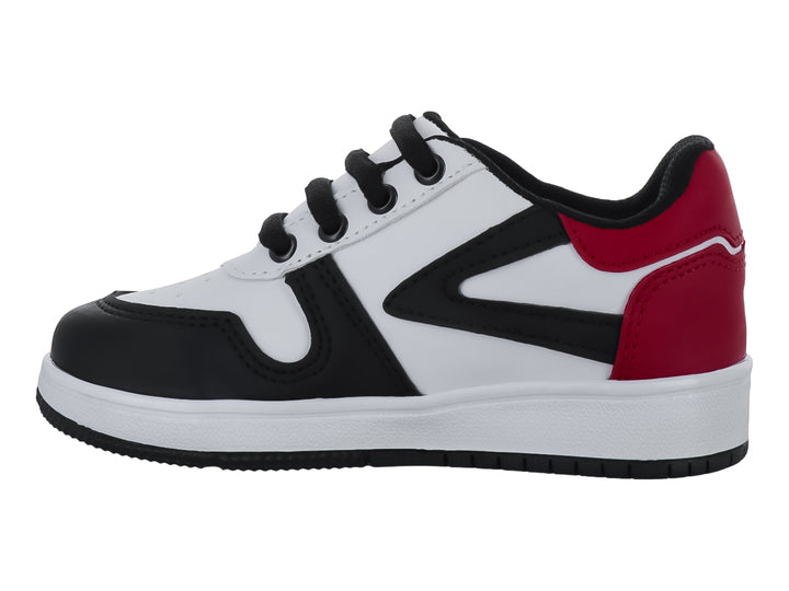 Tenis infantiles Guany en colores blanco, negro y rojo con suela blanca y cordones negros.