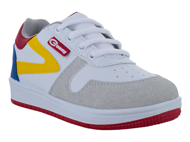 Tenis infantiles Guany color blanco con detalles en azul, amarillo y rojo, con suela blanca y roja.
