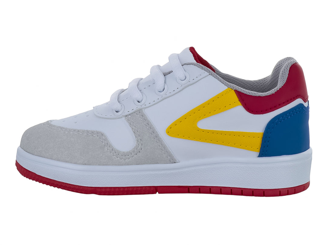 Tenis infantiles Guany color blanco con detalles en azul, amarillo y rojo, con suela blanca y roja.