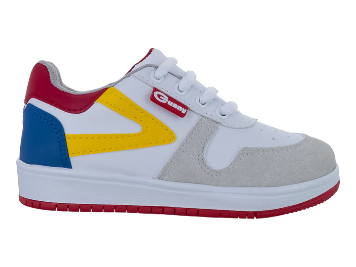 Tenis infantiles color blanco con detalles en gris, amarillo, azul y rojo con suela roja.