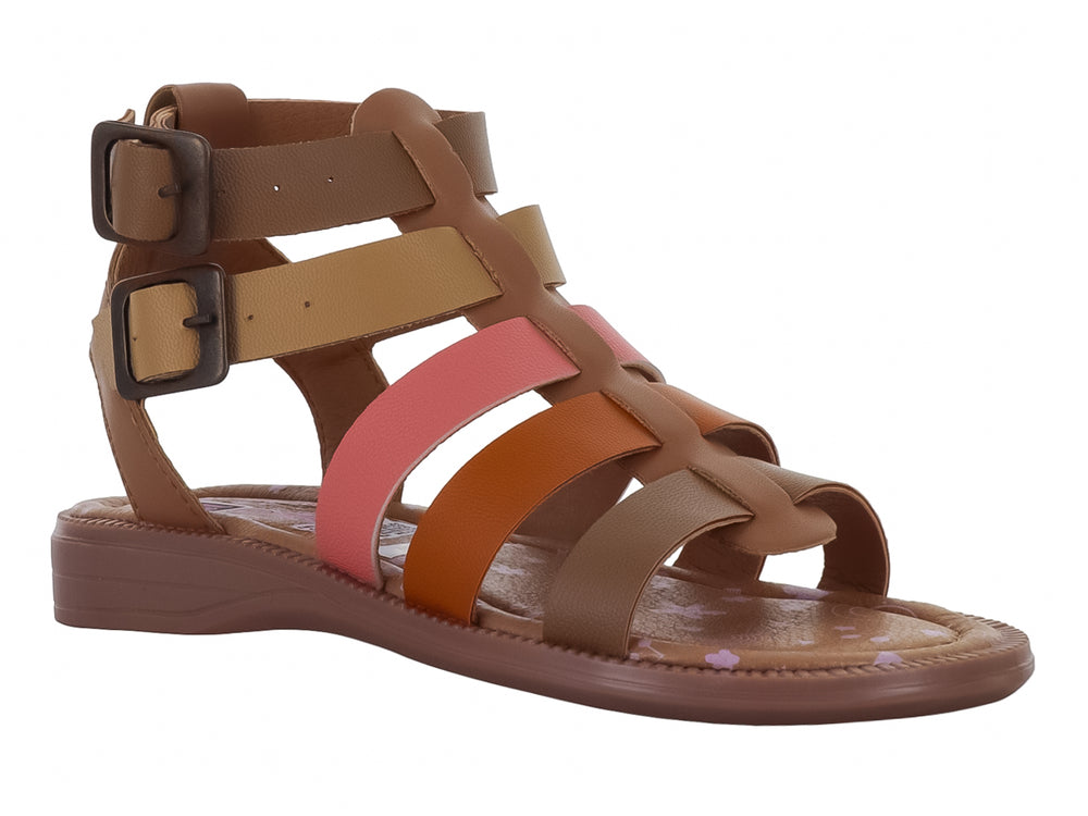 Sandalia casual multicolor con tiras transversales y doble hebilla de ajuste en el tobillo.