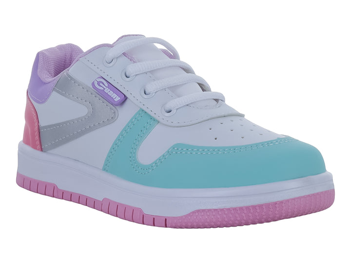 Tenis deportivos infantiles color blanco con detalles en rosa, azul claro y morado.