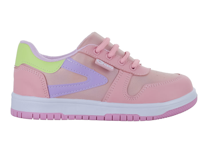 Tenis deportivos infantiles color rosa con detalles en morado y verde lima y suela blanca.