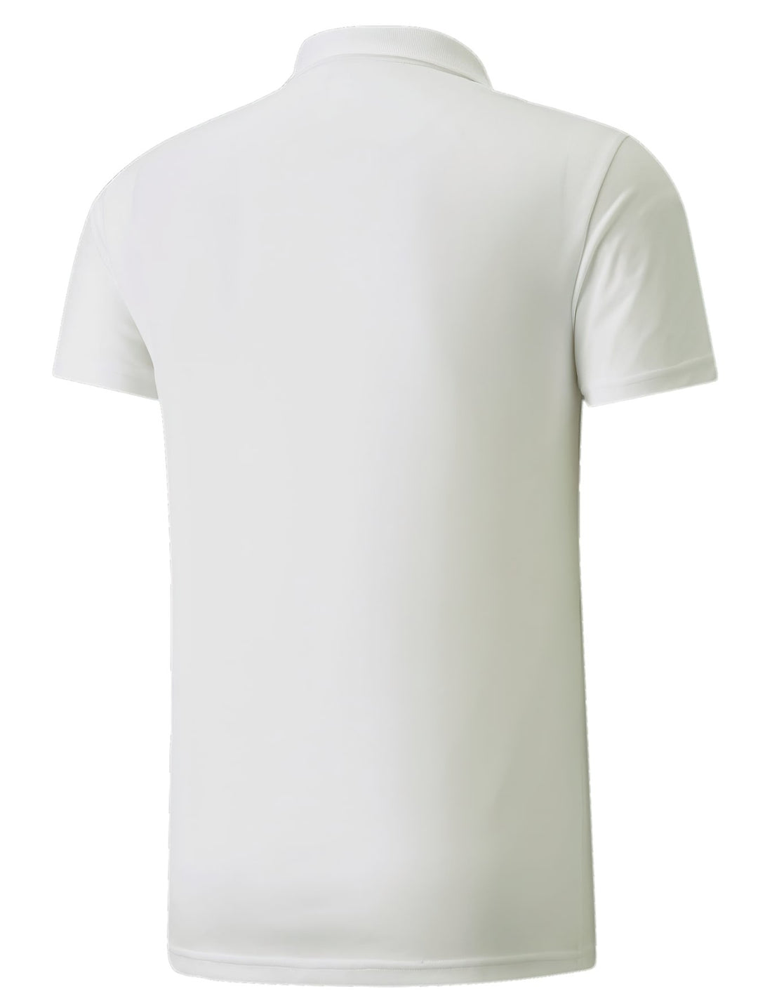 Hombre vistiendo una playera polo deportiva de color blanco marca PUMA con cuello y manga corta.