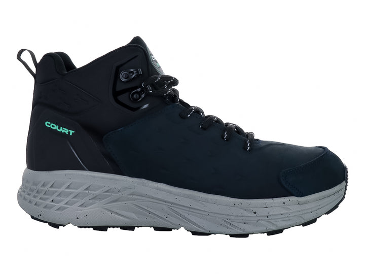 Zapato deportivo tipo bota color azul marino con suela gris y marca COURT en el costado.