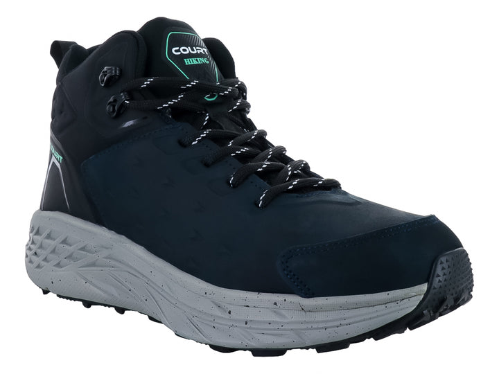 Zapato deportivo tipo bota color azul marino con suela gris y marca COURT en el costado.