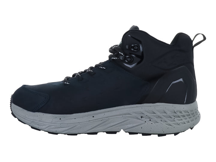 Zapato deportivo tipo bota color azul marino con suela gris y marca COURT en el costado.