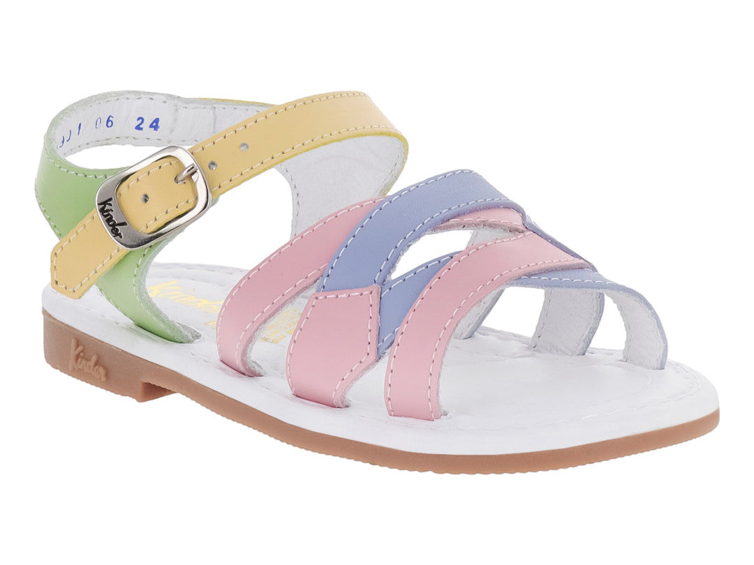 Sandalia infantil de colores pastel con correas cruzadas y suela blanca.